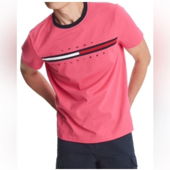 Tommy Hilfiger Short Sleeve Flag Graphic T-Shirt Size Medium Y2K Preppy Pink - Picture 1 of 9